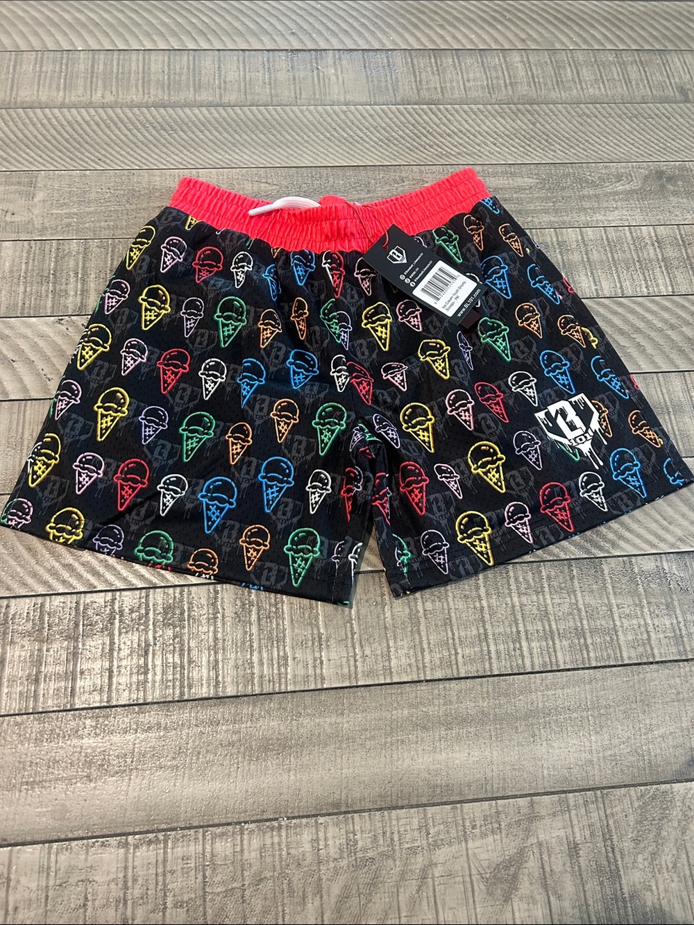 Boys Black Ice Cream Print Casual Shorts with Red Waistband